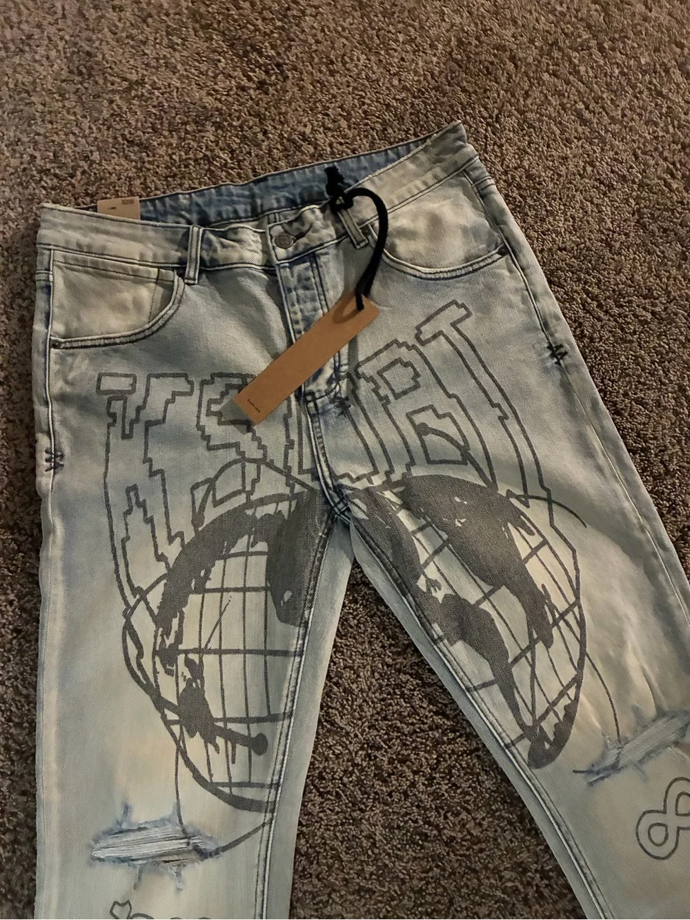 Ksubi Light Blue Skinny Jeans with Globe Print